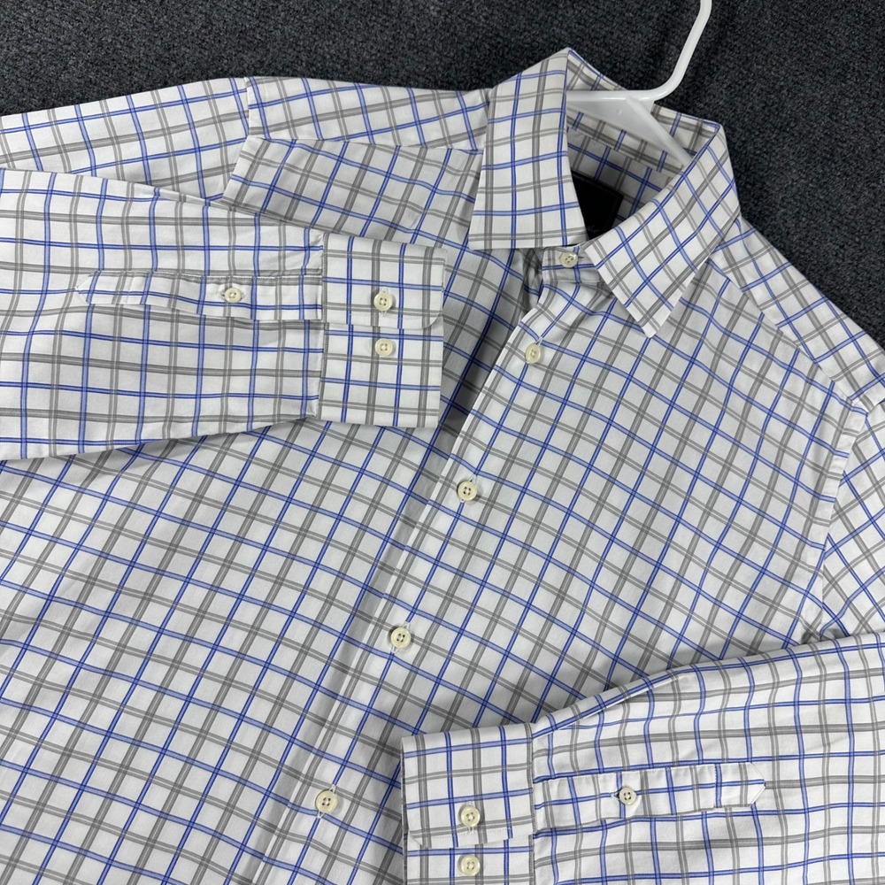 David Donahue Dress Shirt Mens 15.5 32/33 White Blue Grey Plaid Trim Fit Cotton